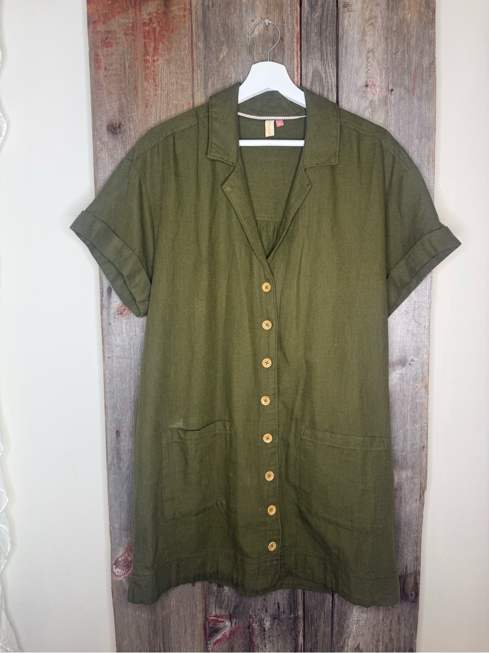 Pilcro Anthropologie Olive Green Button-Front Shirt Dress Cotton Linen Medium